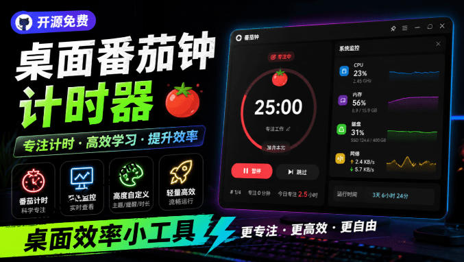 仅1.16MB，开源极简的桌面时钟、番茄钟计时器，还支持系统监控显示，桌面效率小工具Catime-52项目站