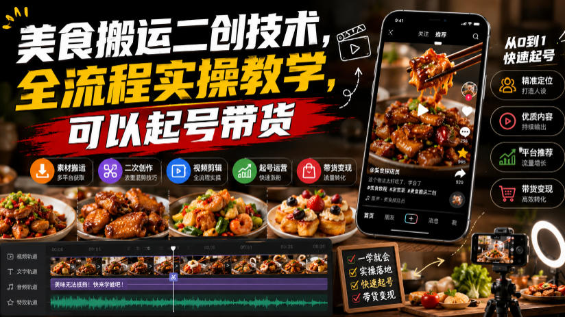 美食搬运二创技术，全流程实操教学，可以起号带货-52项目站