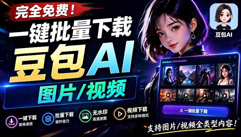 Github最新发布！一键批量下载豆包AI无水印图片/视频，简单易用，自动解析提示词-52项目站