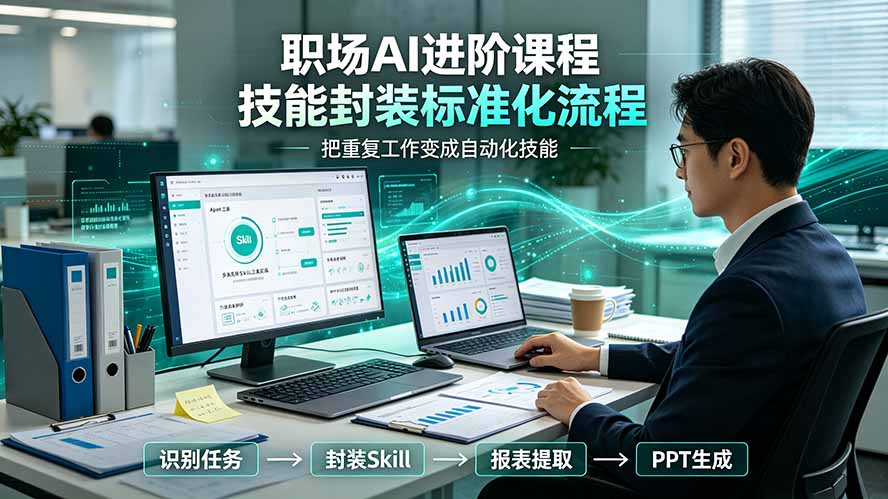 职场AI进阶课程；多类实用Skill工具实操，专属技能封装标准化流程，报表行业报告一键提取核心内容-52项目站