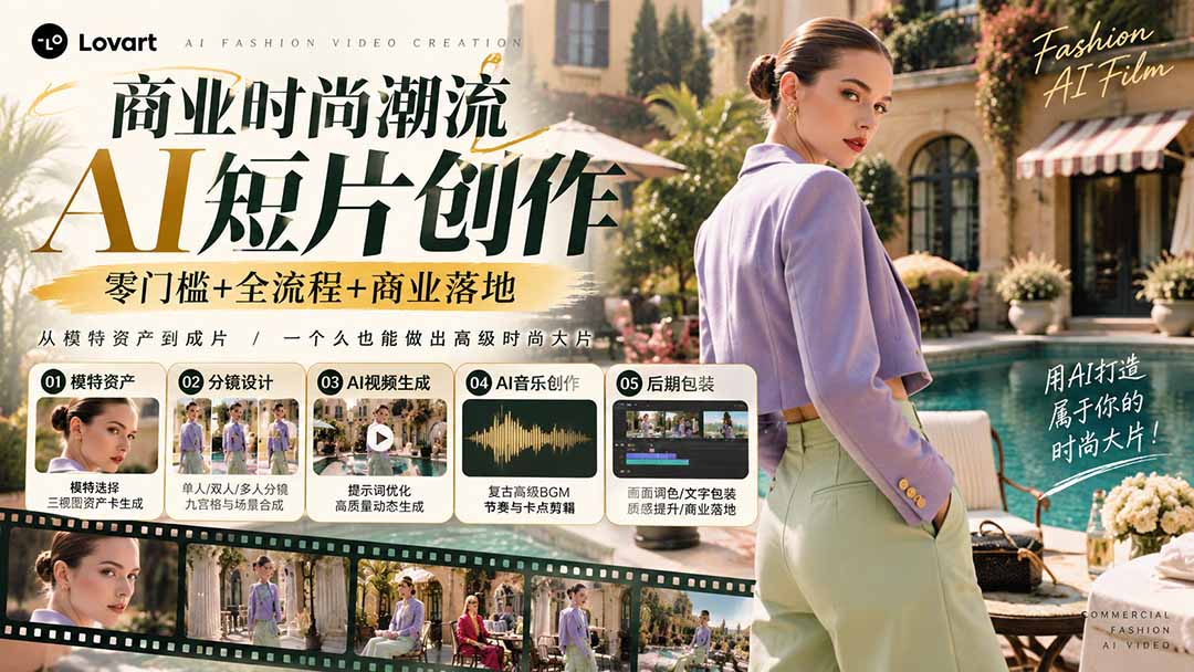 从一张模特图到高级时尚广告大片:AI三视图资产、场景合成、电影分镜、动态生成与复古音乐剪辑实战课-52项目站