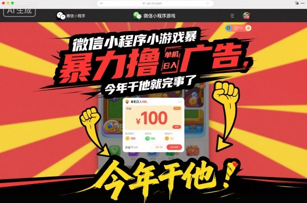 微信小程序小游戏暴力撸广告,单机日入100,今年干他就完事了-52项目站