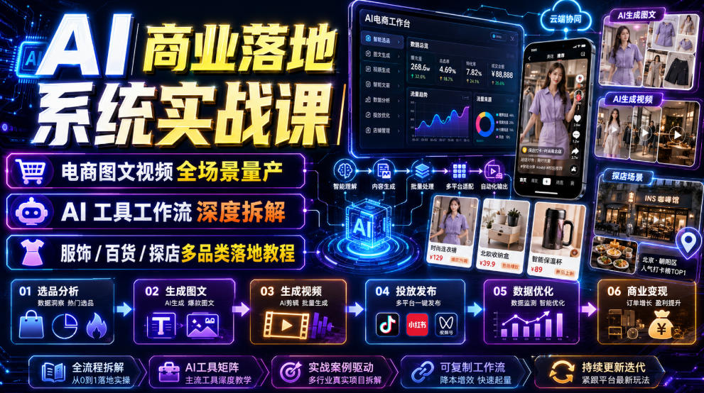 AI商业落地系统实战课｜电商图文视频全场景量产・AI工具工作流深度拆解・服饰/百货/探店多品类落地教程-52项目站