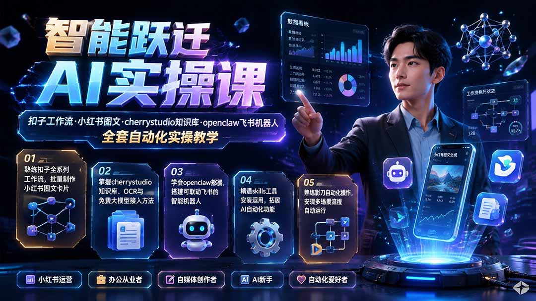 智能跃迁 AI实操课｜扣子工作流小红书图文搭建，cherrystudio知识库openclaw飞书机器人全套自动化实操教学-52项目站