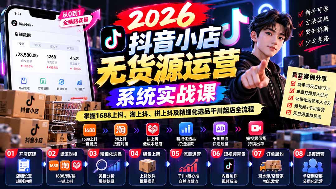 【无水印】2026抖音小店无货源运营系统实战课：掌握1688上抖、淘上抖、拼上抖及精细化选品千川起店全流程-52项目站