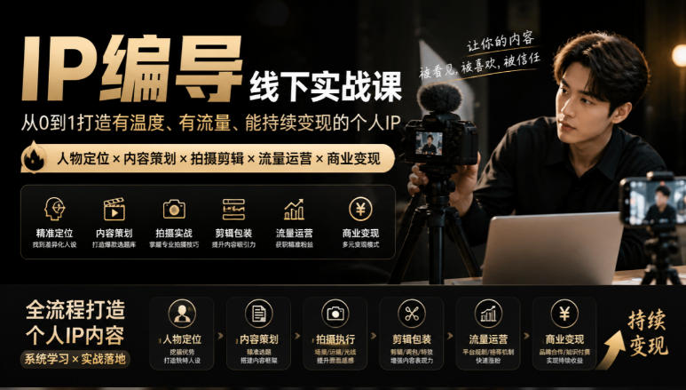 【无水印】IP编导线下实战课，从人物定位到短视频拍摄剪辑，全流程打造有温度、有流量、能持续变现的个人IP内容-52项目站