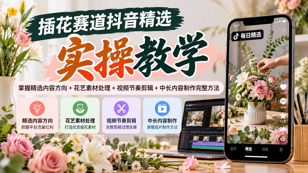 插花赛道抖音精选实操教学：掌握精选内容方向+花艺素材处理+视频节奏剪辑+中长内容制作完整方法-52项目站