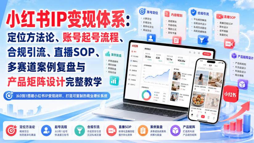 小红书IP变现体系：定位方法论、账号起号流程、合规引流、直播SOP、多赛道案例复盘与产品矩阵设计完整教学-52项目站