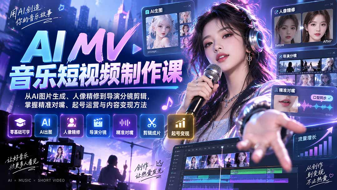AI MV音乐短视频制作课：从AI图片生成、人像精修到导演分镜剪辑，掌握精准对嘴、起号运营与内容变现方法-52项目站
