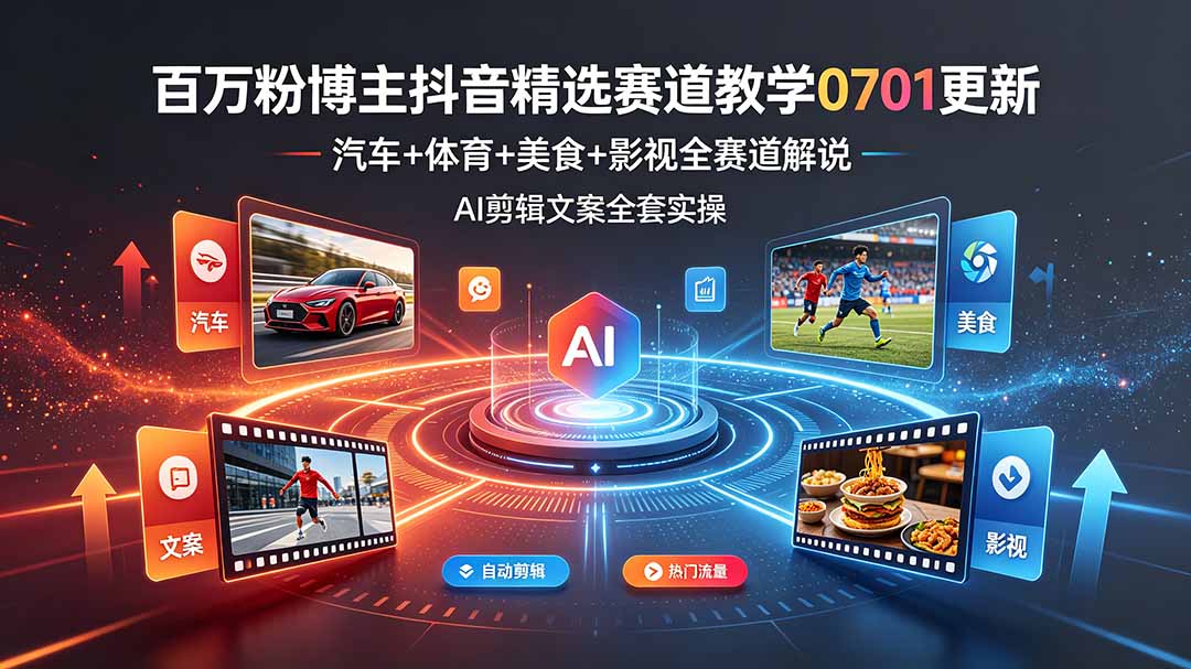 百万粉博主抖音精选赛道教学-0701更新,汽车+体育+美食+影视全赛道解说,AI剪辑文案全套实操-52项目站