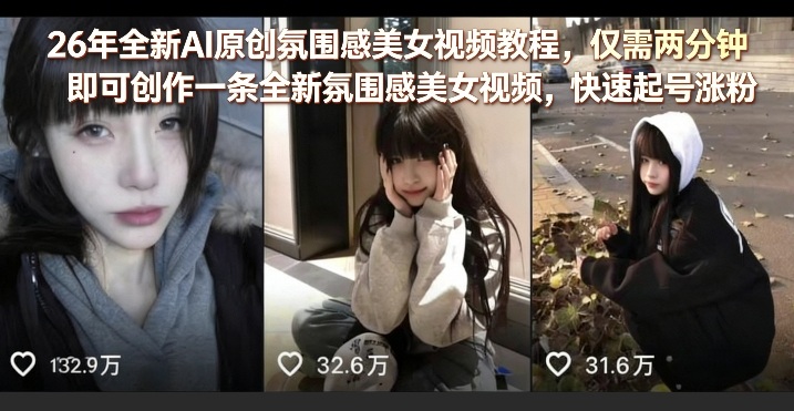26年全新AI原创氛围感美女视频教程，仅需两分钟即可创作一条全新氛围感美女视频，快速起号涨粉-52项目站