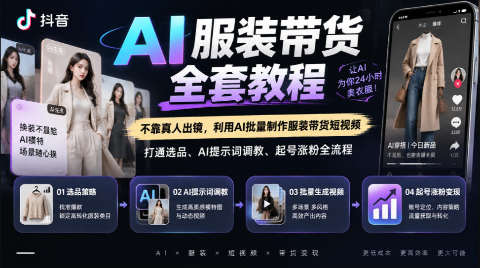 抖音AI服装带货全套教程,不靠真人出镜,利用AI批量制作服装带货短视频,打通选品、AI提示词调教、起号涨粉全流程-52项目站