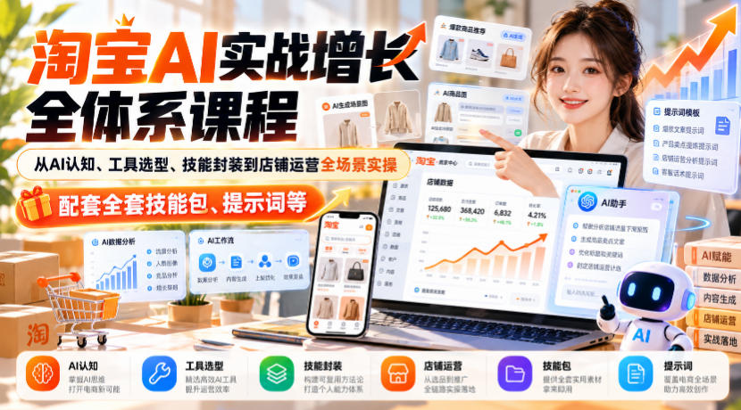 淘宝AI实战增长全体系课程，从AI认知、工具选型、技能封装到店铺运营全场景实操，配套全套技能包、提示词等-52项目站