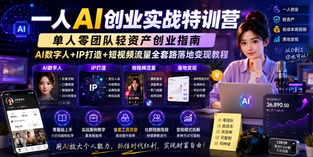 一人AI创业实战特训营,单人零团队轻资产创业指南,AI数字人+IP打造+短视频流量全套路落地变现教程-52项目站