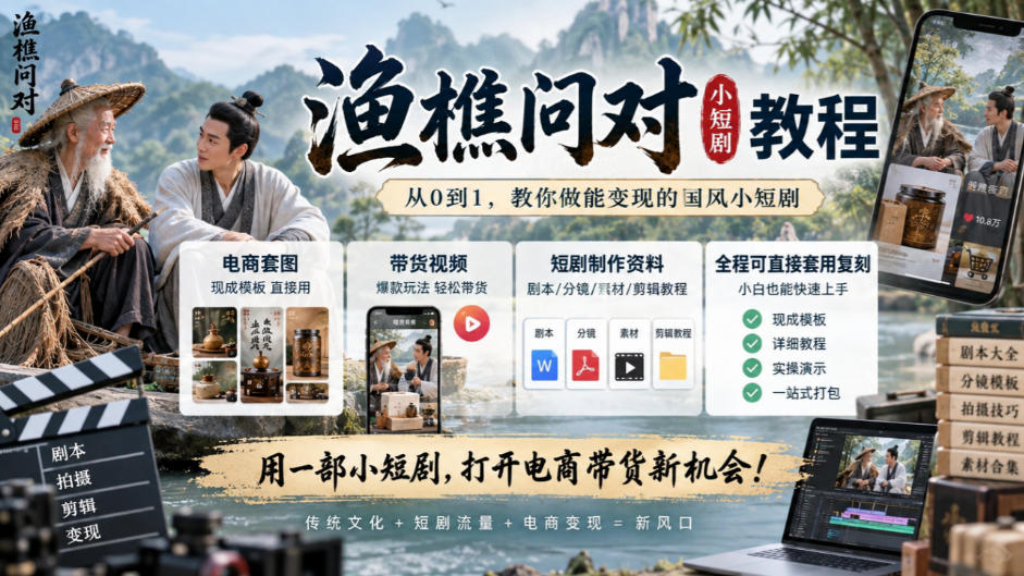 渔樵问对小短剧教程，包含电商套图、带货视频，短剧制作资料，全程可直接套用复刻-52项目站