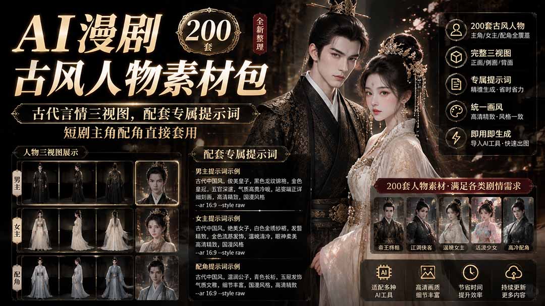 AI漫剧古风人物素材包+提示词｜200 套古代言情三视图，配套专属提示词短剧主角配角直接套用-52项目站