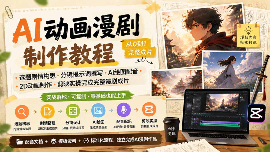 AI动画漫剧制作教程｜选题剧情构思·分镜提示词撰写·AI绘图配音·2D动画制作·剪映实操完成完整漫剧成片-52项目站