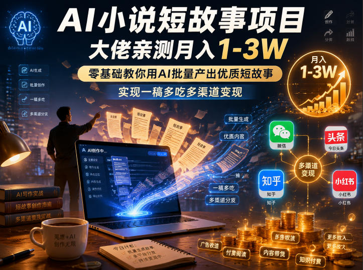 AI小说短故事项目,大佬亲测月入1-3W,零基础教你用AI批量产出优质短故事,实现一稿多吃多渠道变现-52项目站