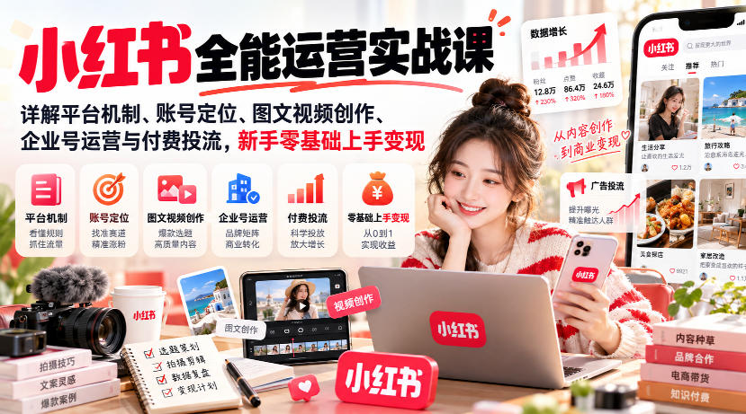 小红书全能运营实战课，详解平台机制、账号定位、图文视频创作、企业号运营与付费投流，新手零基础上手变现-52项目站