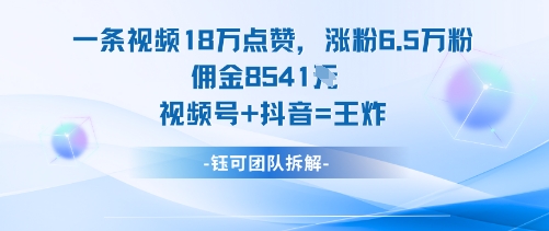 一条视频18W点赞，涨粉6.5W粉佣金8541米，视频号+抖音=王炸-52项目站