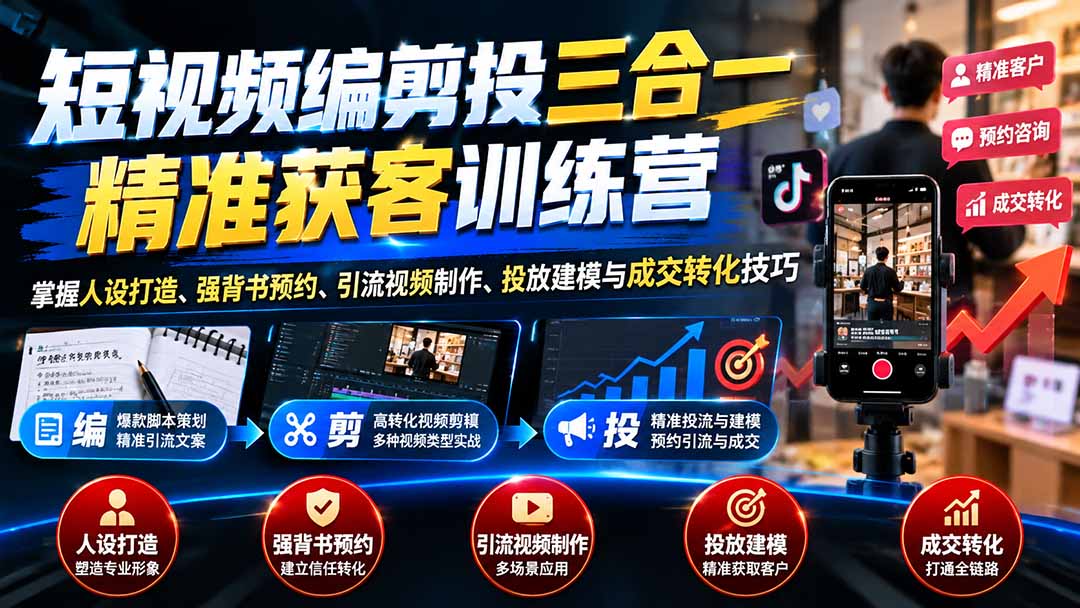 短视频编剪投三合一精准获客训练营：掌握人设打造、强背书预约、引流视频制作、投放建模与成交转化技巧-52项目站