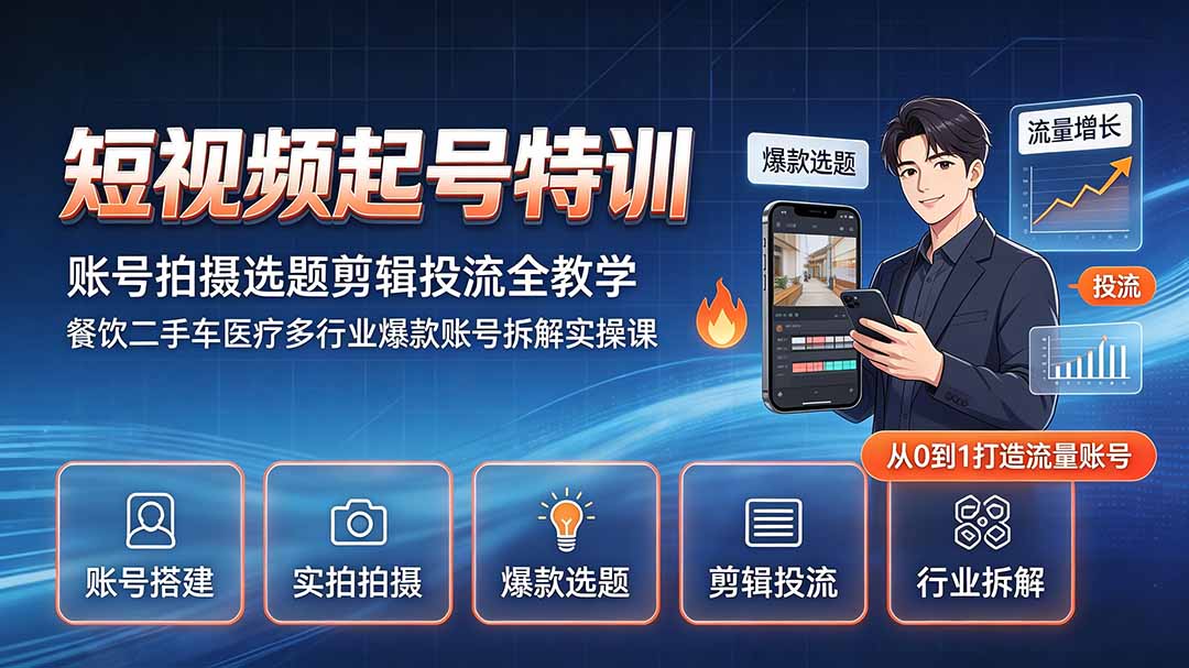 短视频起号特训｜账号拍摄选题剪辑投流全教学，餐饮二手车医疗多行业爆款账号拆解实操课-52项目站