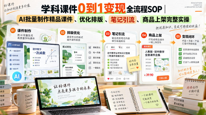 学科课件0到1变现全流程SOP｜AI批量制作精品课件、优化排版、笔记引流、商品上架完整实操​-52项目站