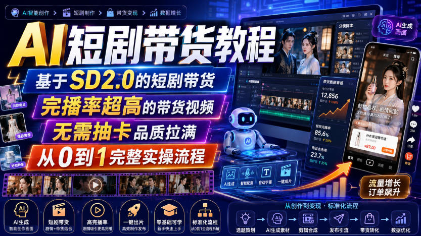 AI短剧带货教程，基于SD2.0的短剧带货，完播率超高的带货视频，无需抽卡品质拉满，从0到1完整实操流程-52项目站