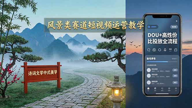 风景类赛道短视频运营教学:诗词文学中式美学,新号养号对标账号定位,DOU+高性价比投放全流程-52项目站