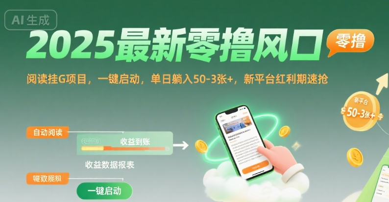 2025最新零撸风口，阅读挂G项目，一键启动，单日躺入 50-3张+，新平台红利期速抢【揭秘】-52项目站