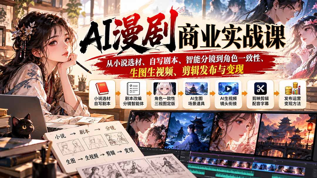 AI漫剧商业实战课：从小说选材、自写剧本、智能分镜到角色一致性、生图生视频、剪辑发布与变现-52项目站