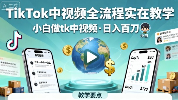 TikTok中视频全流程实操教学，小白做tk中视频，日入百刀-52项目站