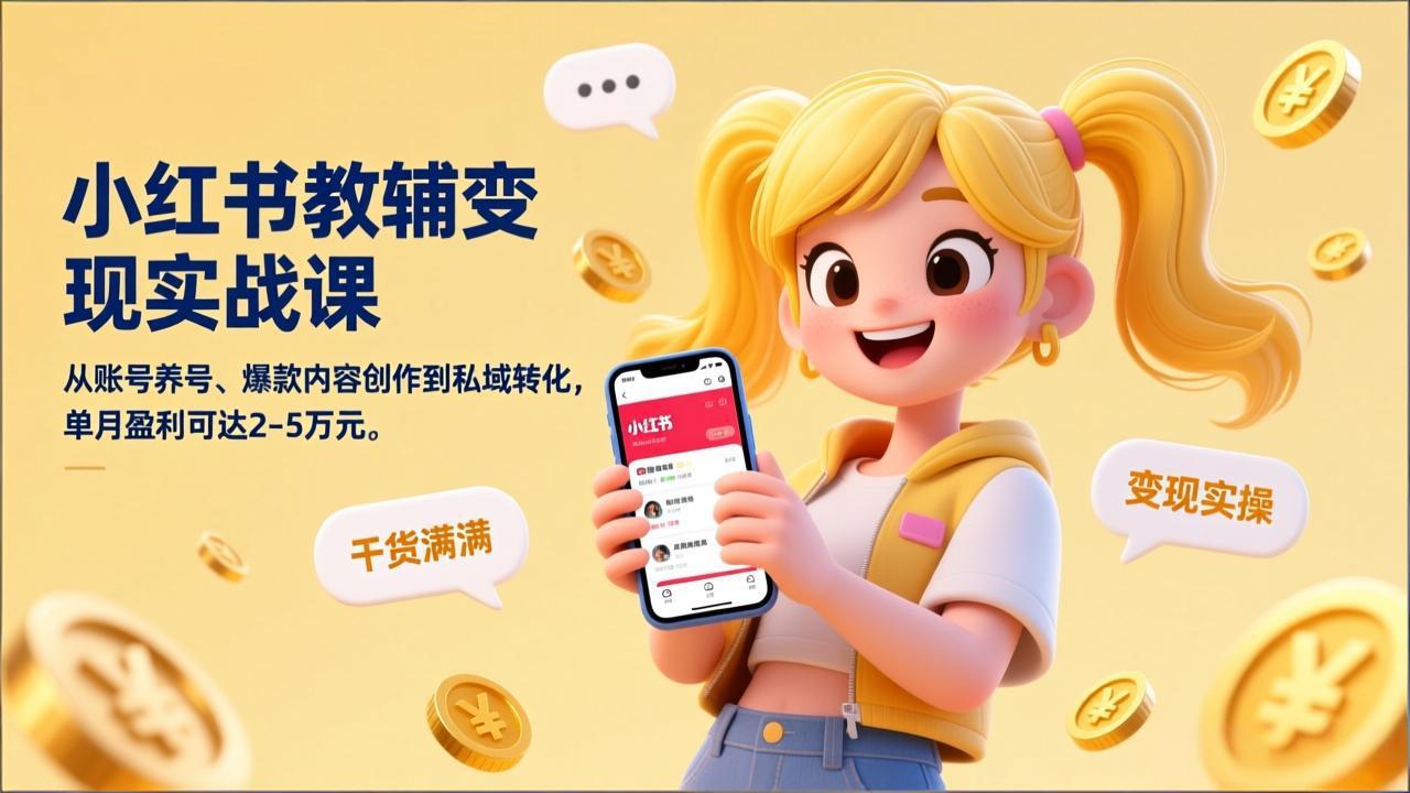小红书教辅变现实战课，从账号养号、爆款内容创作到私域转化，单月盈利可达2-5万元-52项目站