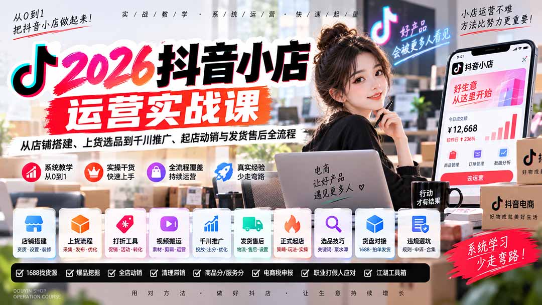 2026抖音小店运营实战课|从店铺搭建、上货选品到千川推广、起店动销与发货售后全流程-52项目站