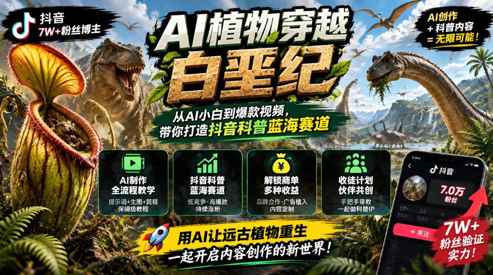 抖音7W粉丝博主的AI植物穿越白垩纪教学，抖音科普蓝海赛道，解锁商单收徒伙伴计划等多种收益-52项目站