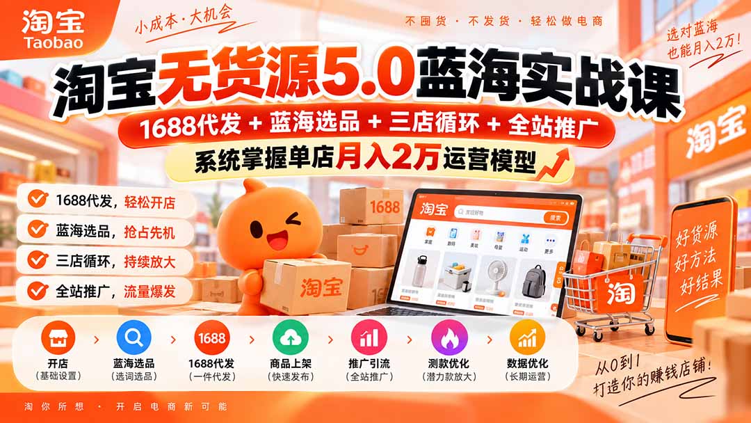 淘宝无货源5.0蓝海实战课-更新0927：1688代发+蓝海选品+三店循环+全站推广，系统掌握单店月入2万运营模型-52项目站