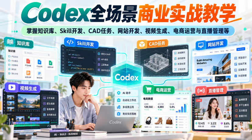 【无水印】Codex全场景商业实战教学，掌握知识库、Skill开发、CAD任务、网站开发、视频生成、电商运营与直播管理等-52项目站