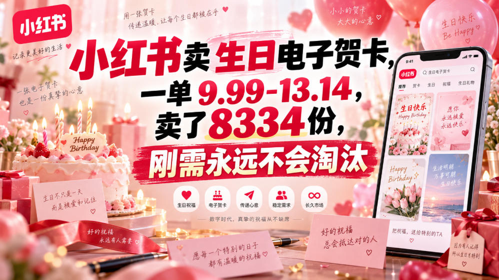 小红书卖生日电子贺卡，一单9.99-13.14，卖了8334份，刚需永远不会淘汰-52项目站