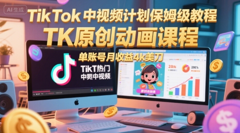 TikTok中视频计划保姆级教程，TK原创动画课程，单账号月收益4k美刀-52项目站