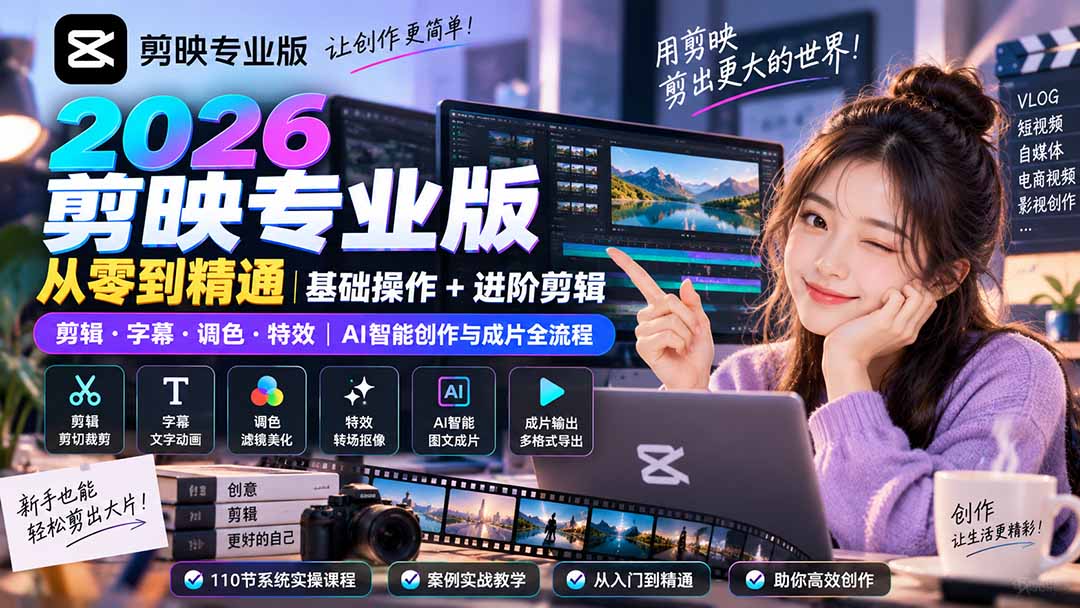 2026剪映专业版从零到精通|基础操作+进阶剪辑|剪辑·字幕·调色·特效|AI智能创作与成片全流程-52项目站
