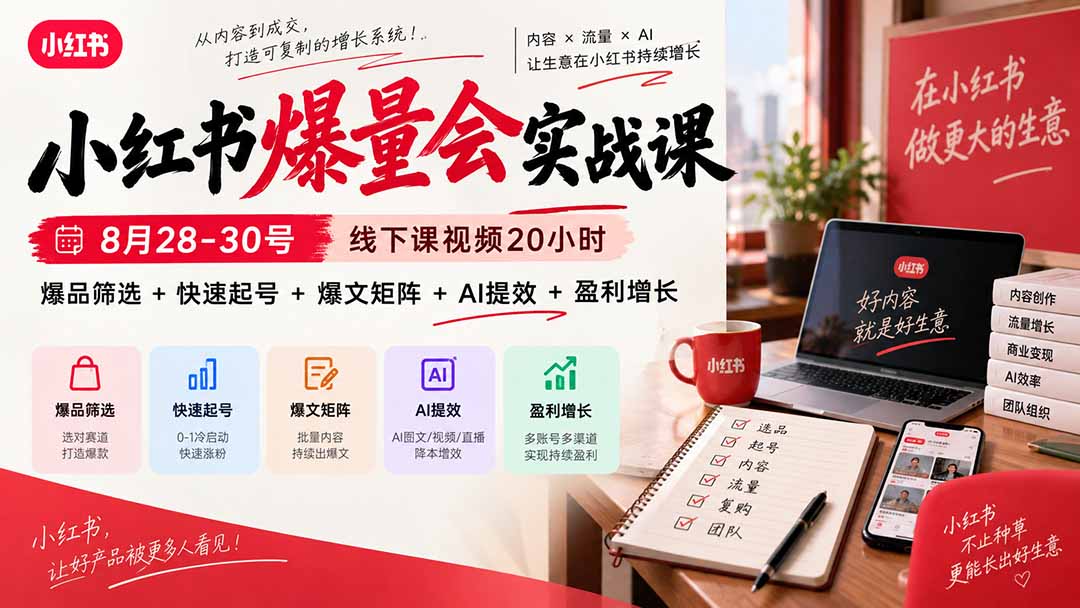 小红书爆量会实战课-更新9月23:线下课视频20小时,爆品筛选+快速起号+爆文矩阵+AI提效+盈利增长-52项目站