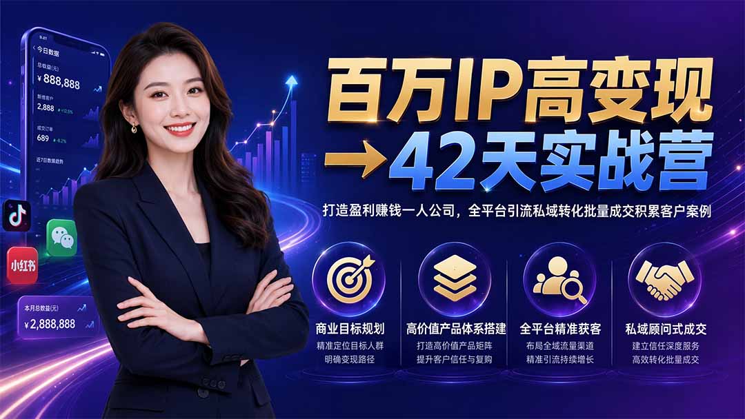 百万IP高变现→42天实战营｜打造盈利赚钱一人公司，全平台引流私域转化批量成交积累客户案例-52项目站