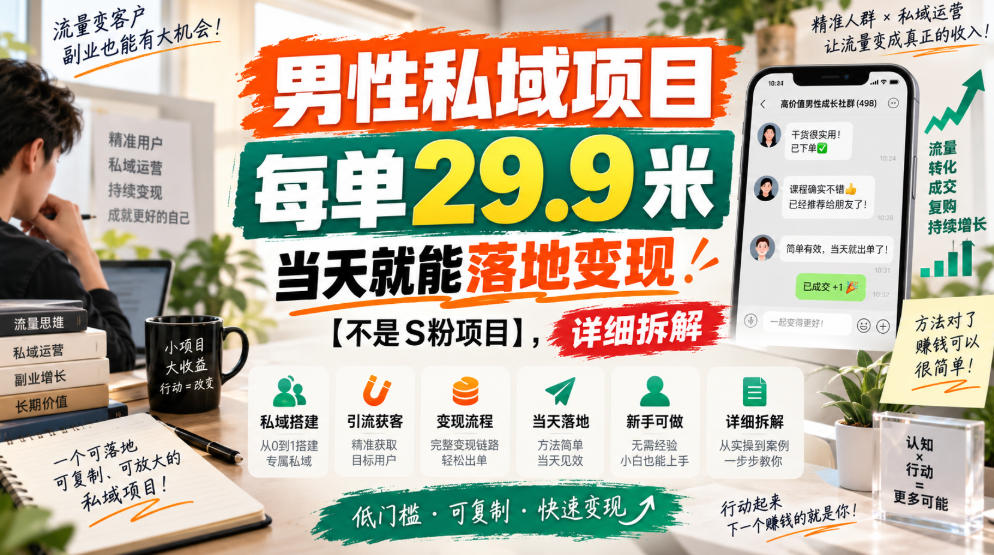 男性私域项目，每单29.9米，当天就能落地变现【不是S粉项目】，详细拆解-52项目站