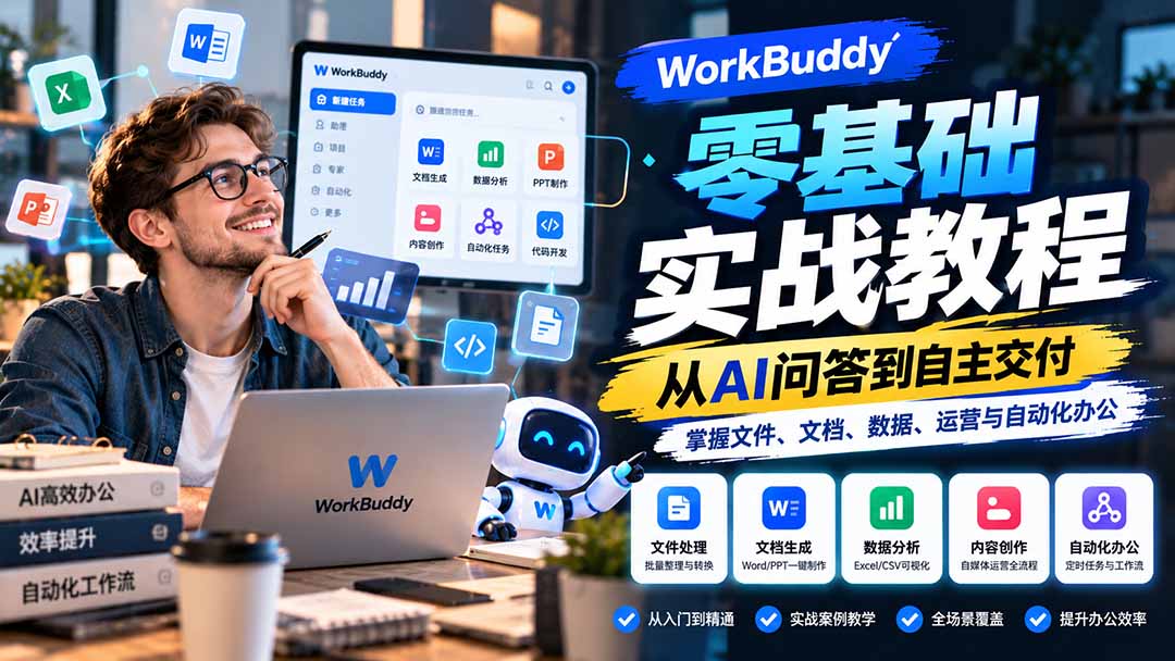 WorkBuddy零基础实战教程:从AI问答到自主交付,掌握文件、文档、数据、运营与自动化办公-52项目站