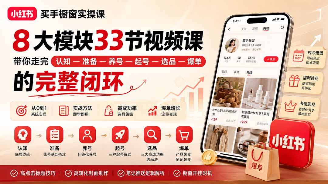 小红书买手橱窗实操课：8大模块33节视频课，带你走完”认知—准备—养号—起号—选品—爆单”的完整闭环-52项目站