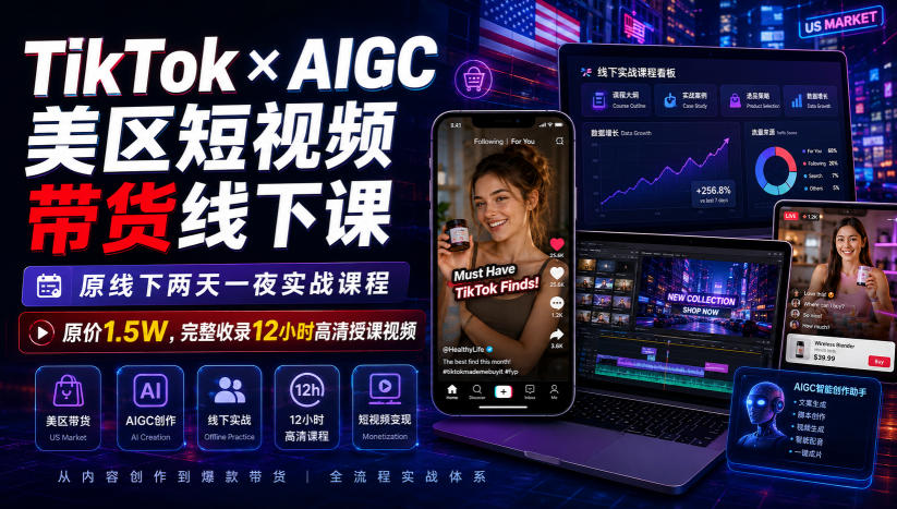 TikTok×AIGC美区短视频带货线下课，原线下两天一夜实战课程，原价1.5W，完整收录12小时高清授课视频-52项目站