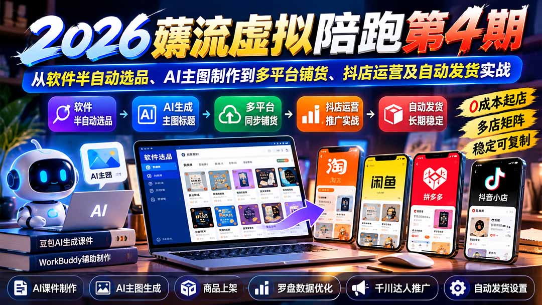 2026薅流虚拟陪跑第4期:从软件半自动选品、AI主图制作到多平台铺货、抖店运营及自动发货实战-52项目站
