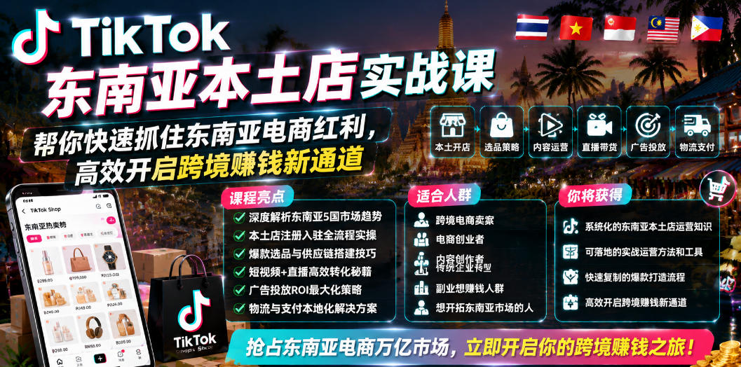 TikTok东南亚本土店实战课,帮你快速抓住东南亚电商红利,高效开启跨境賺钱新通道-52项目站
