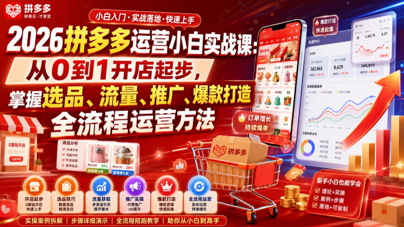 2026拼多多运营小白实战课：从0到1开店起步，掌握选品、流量、推广、爆款打造全流程运营方法-52项目站