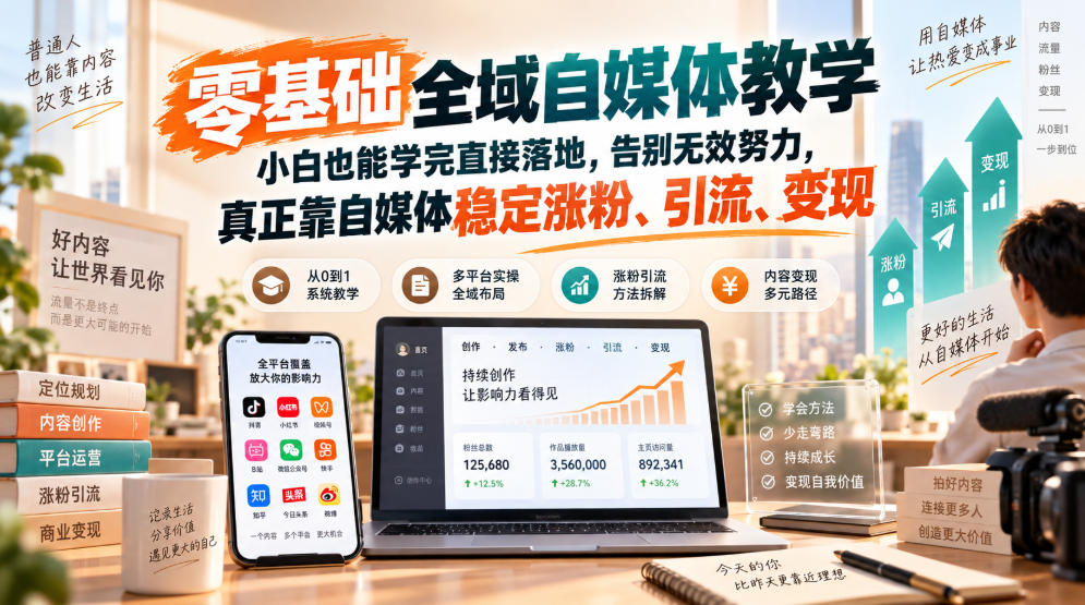 零基础全域自媒体教学,小白也能学完直接落地,告别无效努力,真正靠自媒体稳定涨粉、引流、变现-52项目站